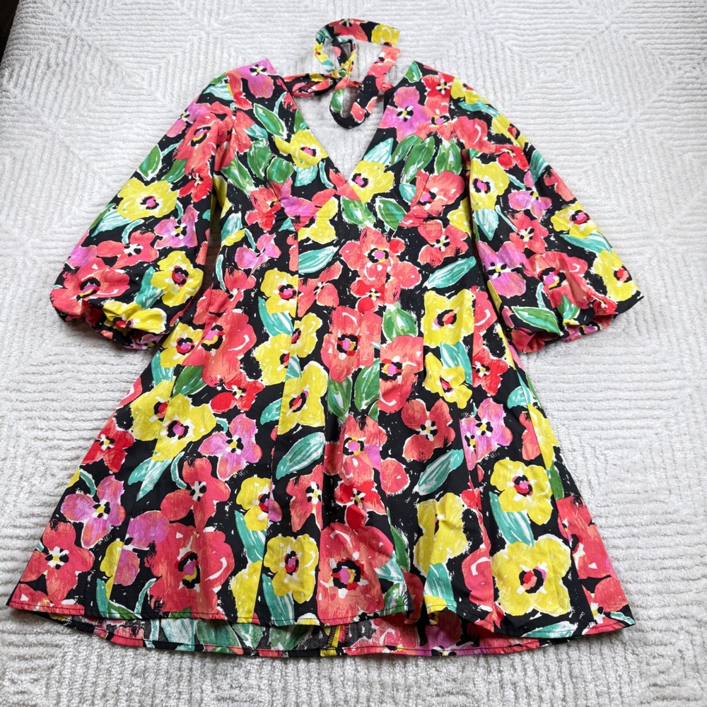 Gianni Bini Floral Puff Sleeve Mini Dress V Bloomcore Flower Spring Summer Retro